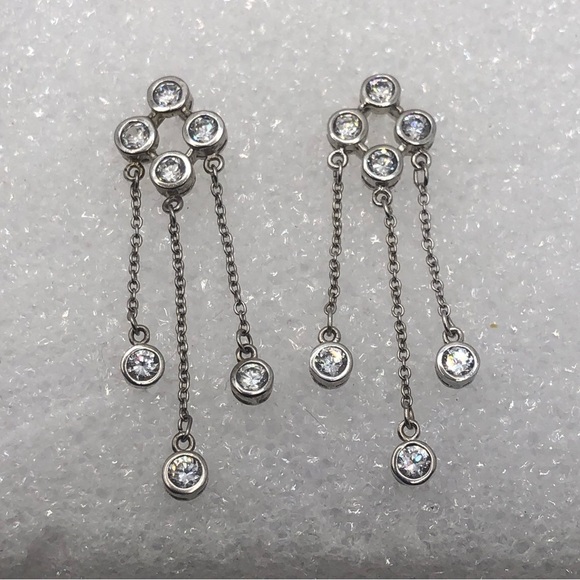 Sterling Silver CZ Stone Clover Style Design Dangle Stud Earrings 1.7” - Picture 2 of 4